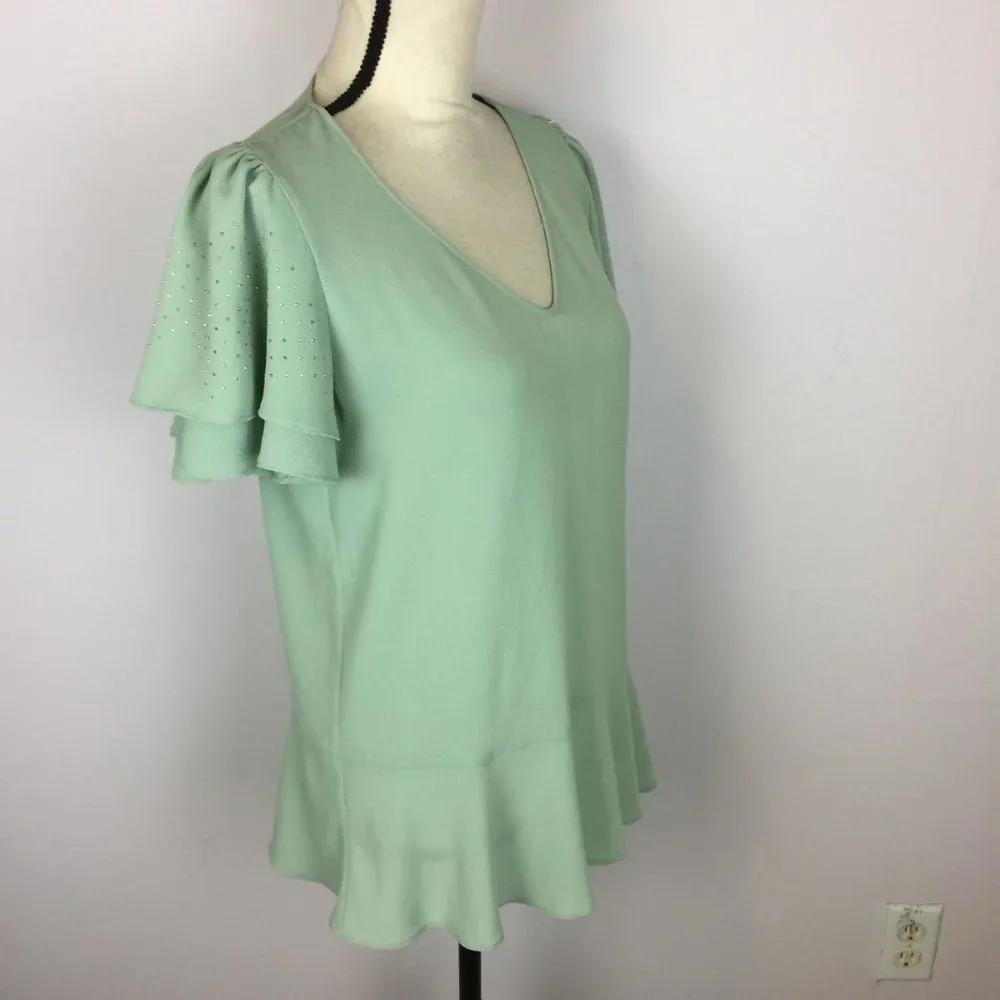 Michael Kors Peplum Blouse Top Size S Womans Green V-Neck Layered Flutter Sleeve - Picture 5 of 12